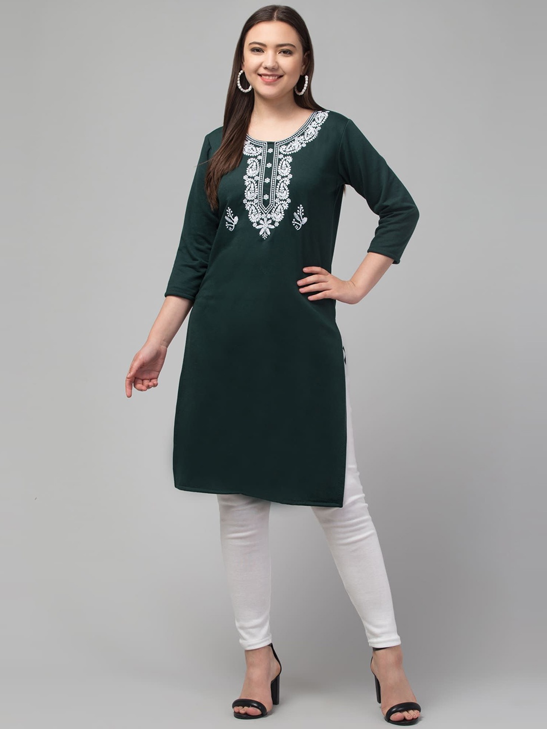 

FAMBEE Women Thread Work Woollen Kurta, Green