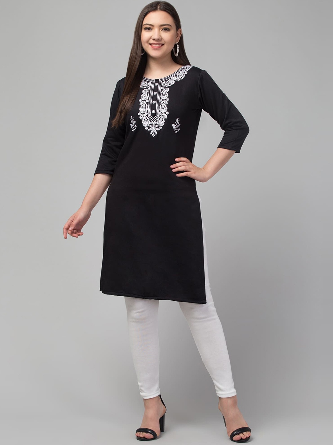 

FAMBEE Women Thread Work Woollen Kurta, Black