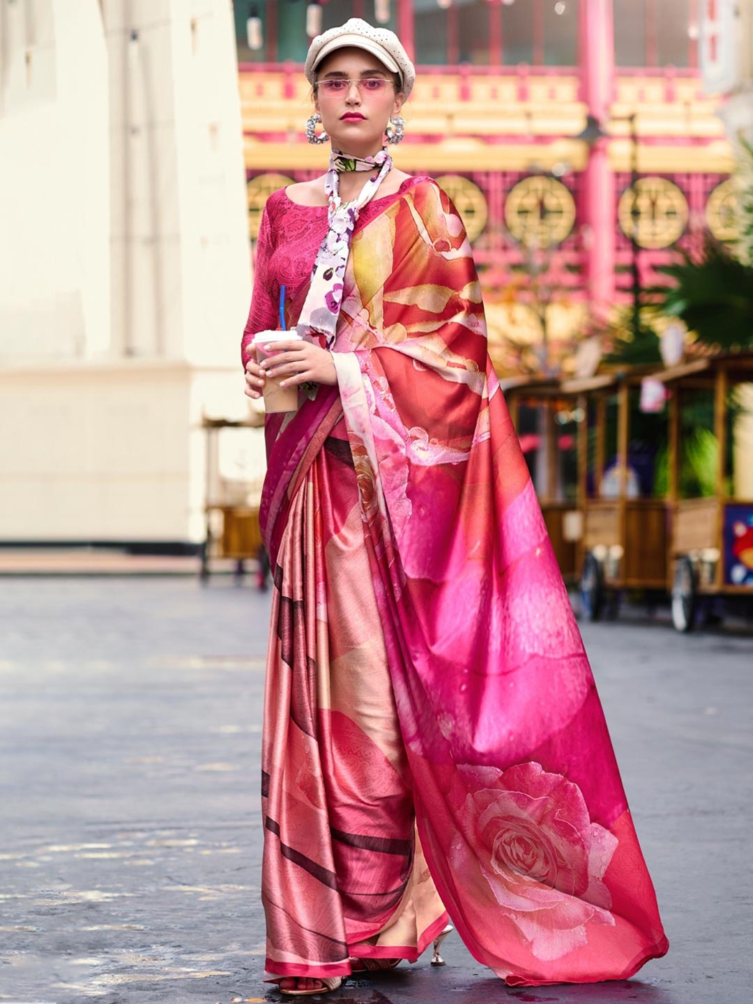 

DEVATITHI Floral Satin Saree, Pink