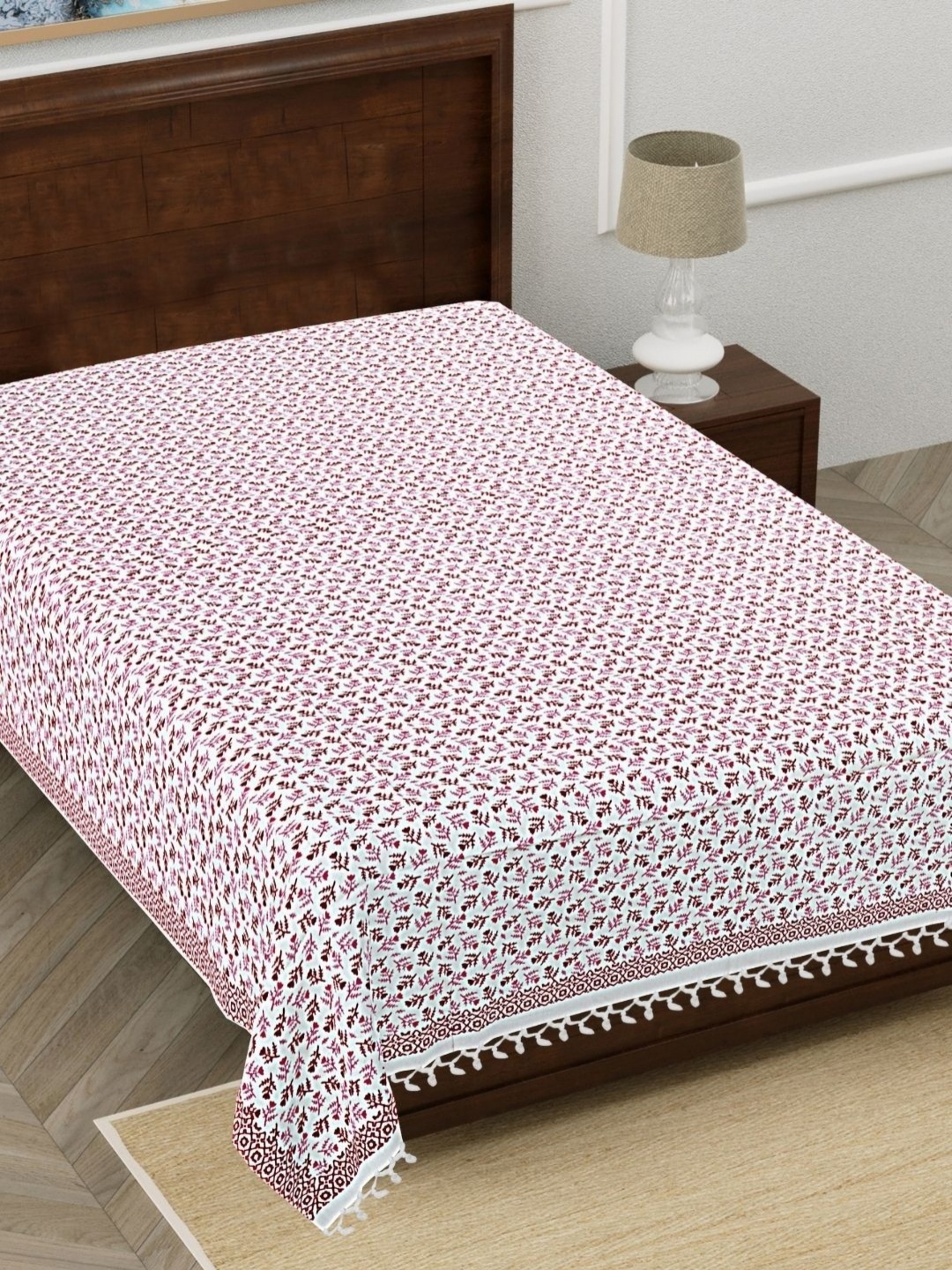 

HASHCART White & Maroon Floral 210 TC Single Bedsheet with Pillow Covers