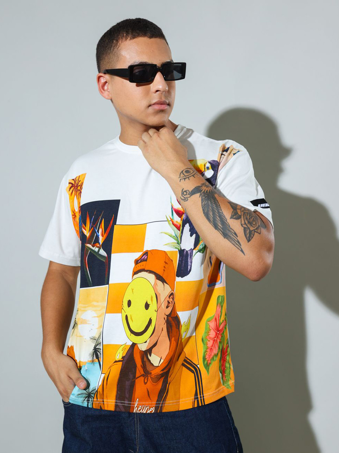 

HERE&NOW Men Graphic Printed Drop-Shoulder Sleeves Relaxed Fit Casual T-shirt, White