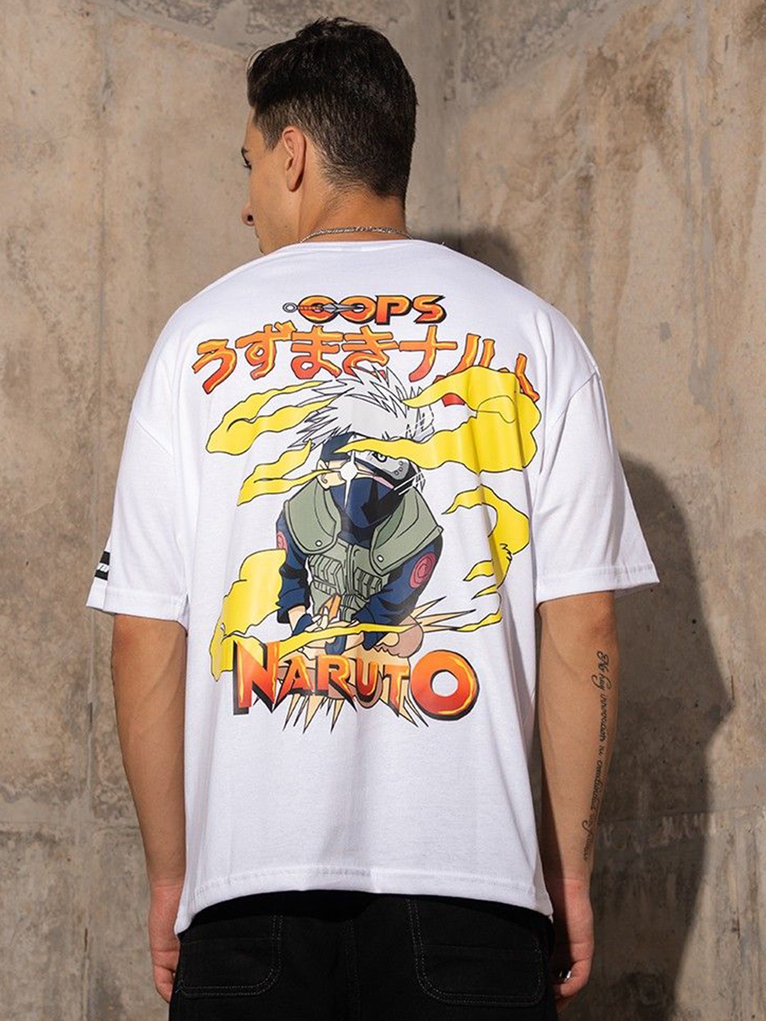 

HERE&NOW Men Graphic Printed Drop-Shoulder Sleeves Relaxed Fit Casual T-shirt, White