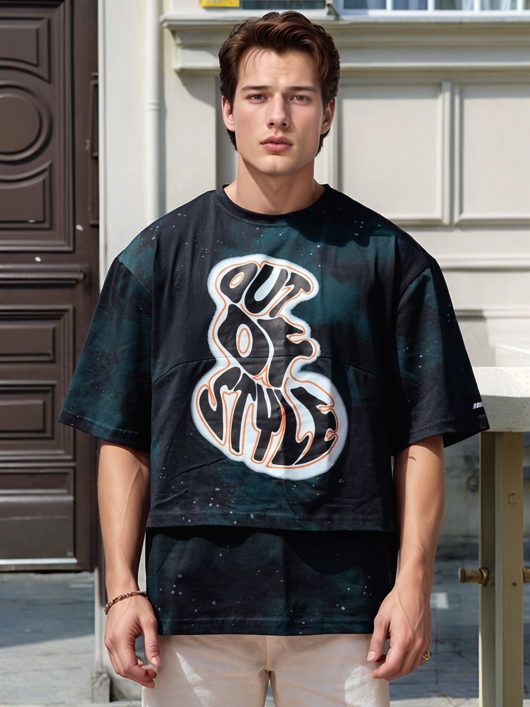 

HERE&NOW Men Graphic Printed Drop-Shoulder Sleeves Relaxed Fit Casual T-shirt, Teal