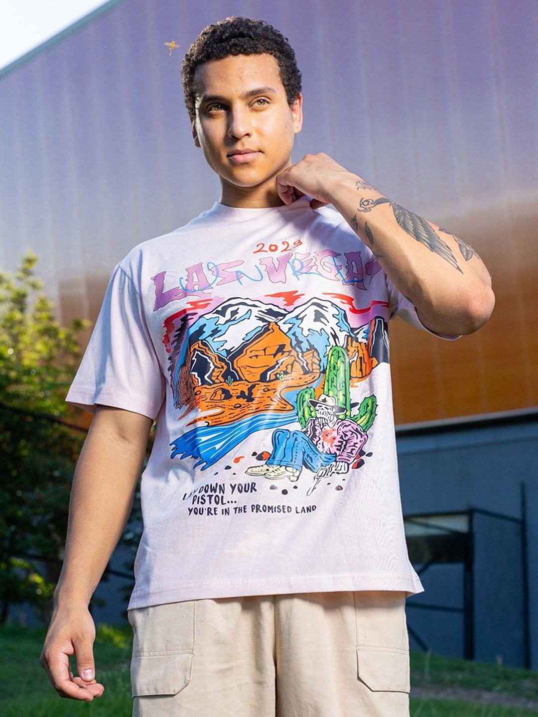 

HERE&NOW Men Graphic Printed Drop-Shoulder Sleeves Casual T-shirt, Lavender