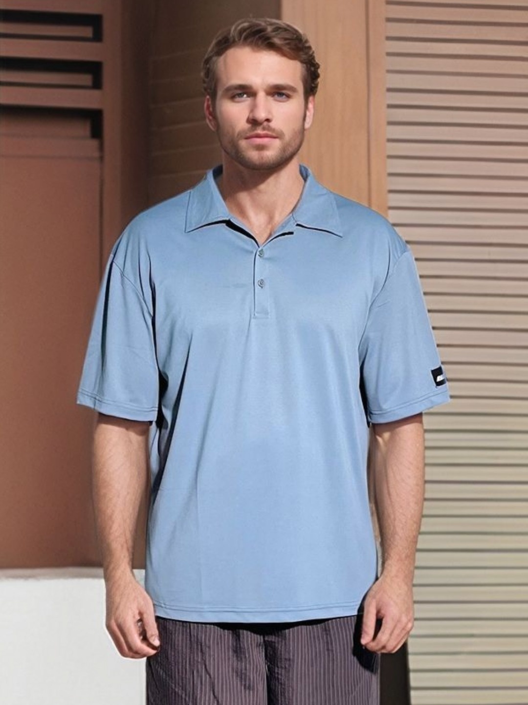

HERE&NOW Men Striped Polo Collar Pockets T-shirt, Blue