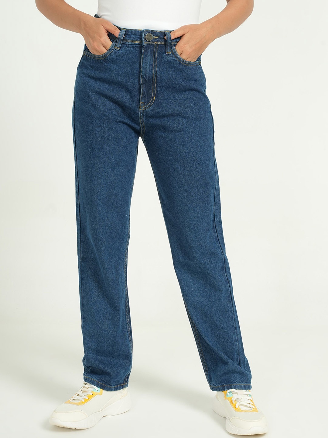 

URBAN POCHE Women Pure Cotton Straight Fit High-Rise Low Distress Jeans, Blue