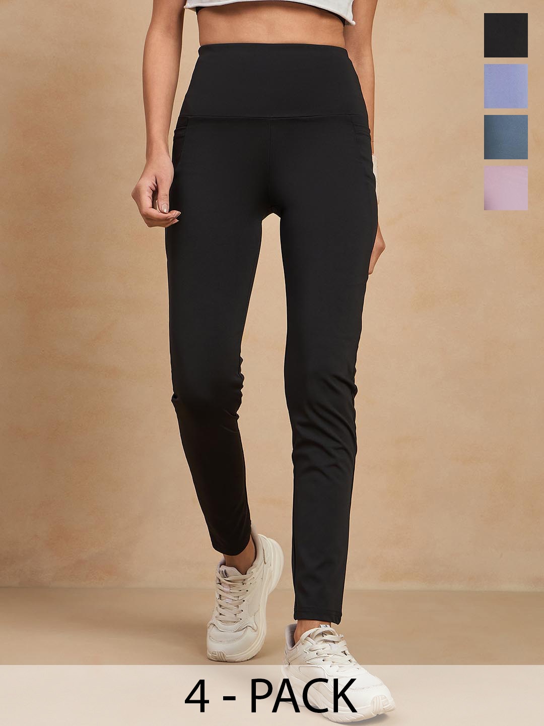 

COLOR CAPITAL Women Pack of 4 Skin Fit Antimicrobial Gym Tights, Black