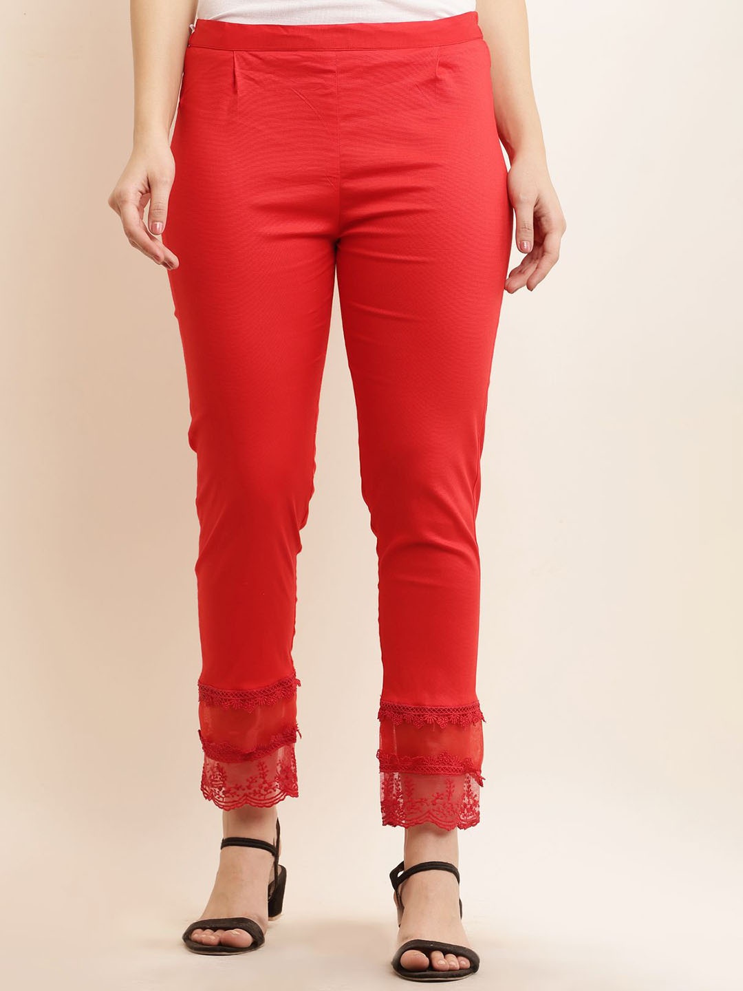 

Sellingsea Women Pleated Fabulous Lace work Trouser, Red