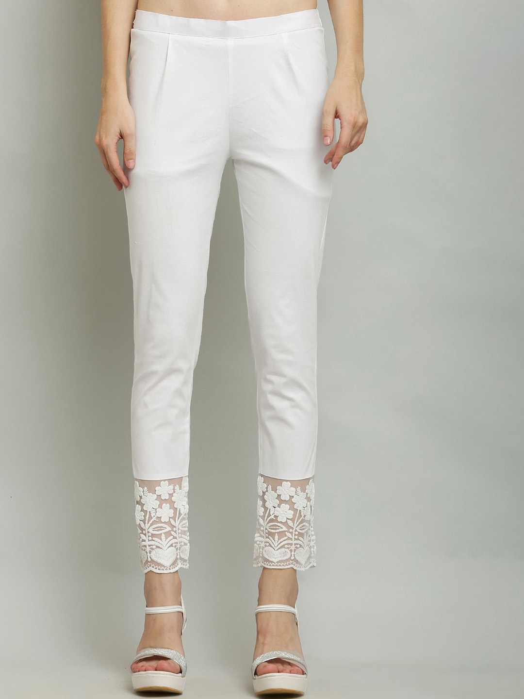 

Sellingsea Women Plain Regular Fit Lace work Cigarette Trousers, White