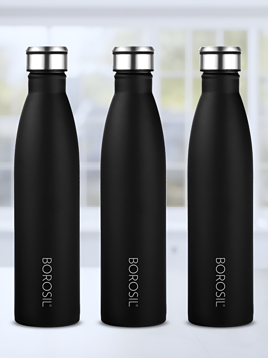 

BOROSIL Black 3 Pieces Stainless Steel Printed Water Bottle 900ml each