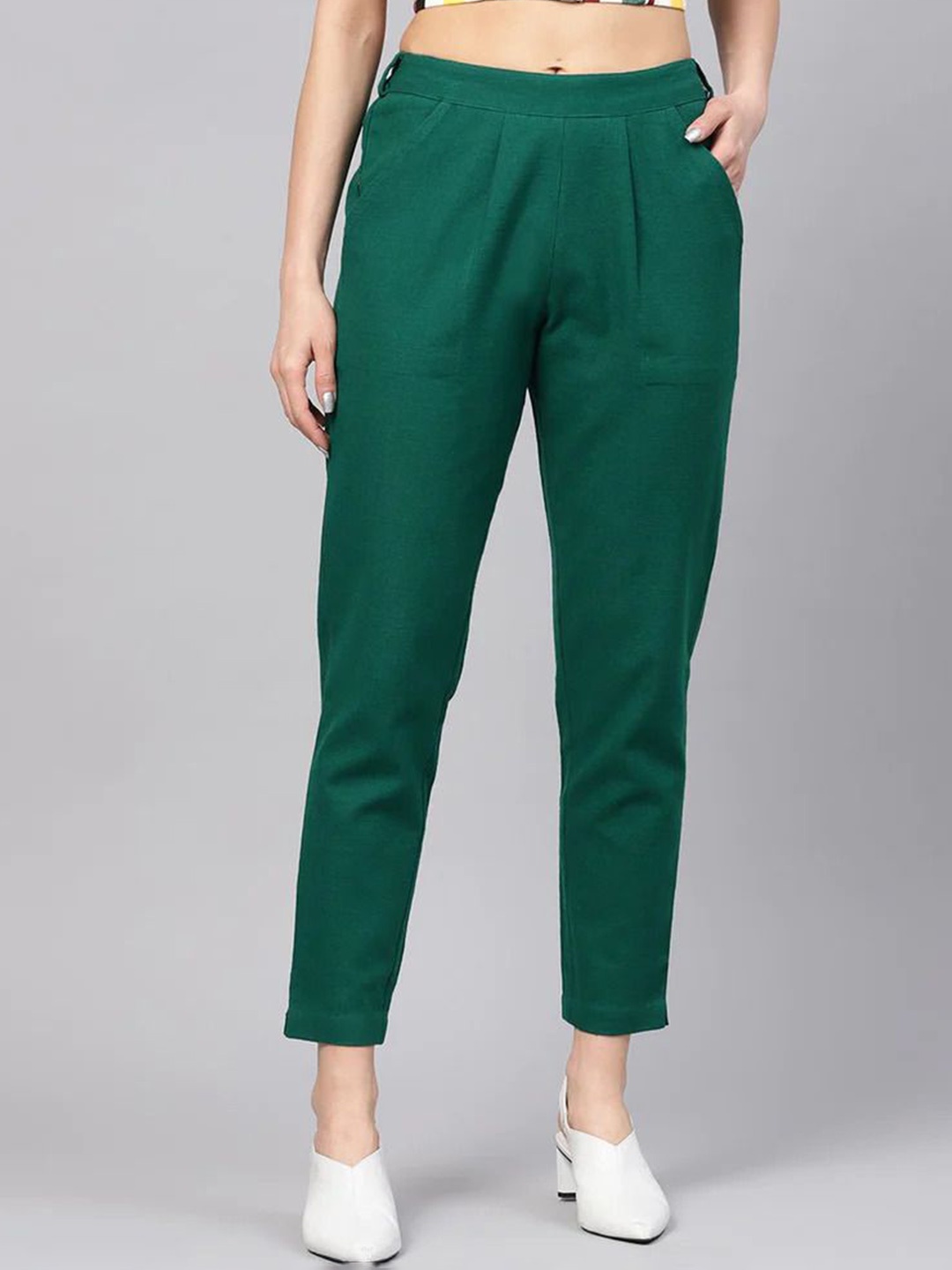 

KASHISHIYA Women Relaxed Regular Fit Mid-Rise Trousers, Green