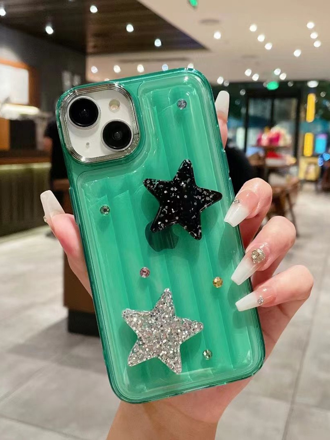 

Luxury Kase LK119 Solid iPhone 15 Plus Crystal Clear Bling Star Case Back Case, Green