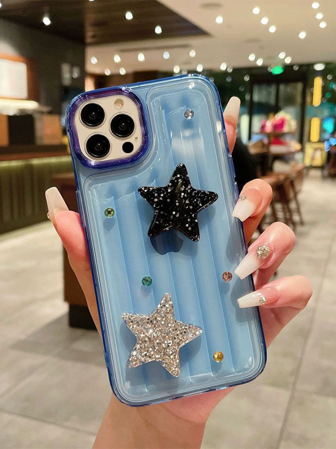 

Luxury Kase LK119 Solid iPhone 14 Pro Max Crystal Clear Bling Star Case Back Case, Blue