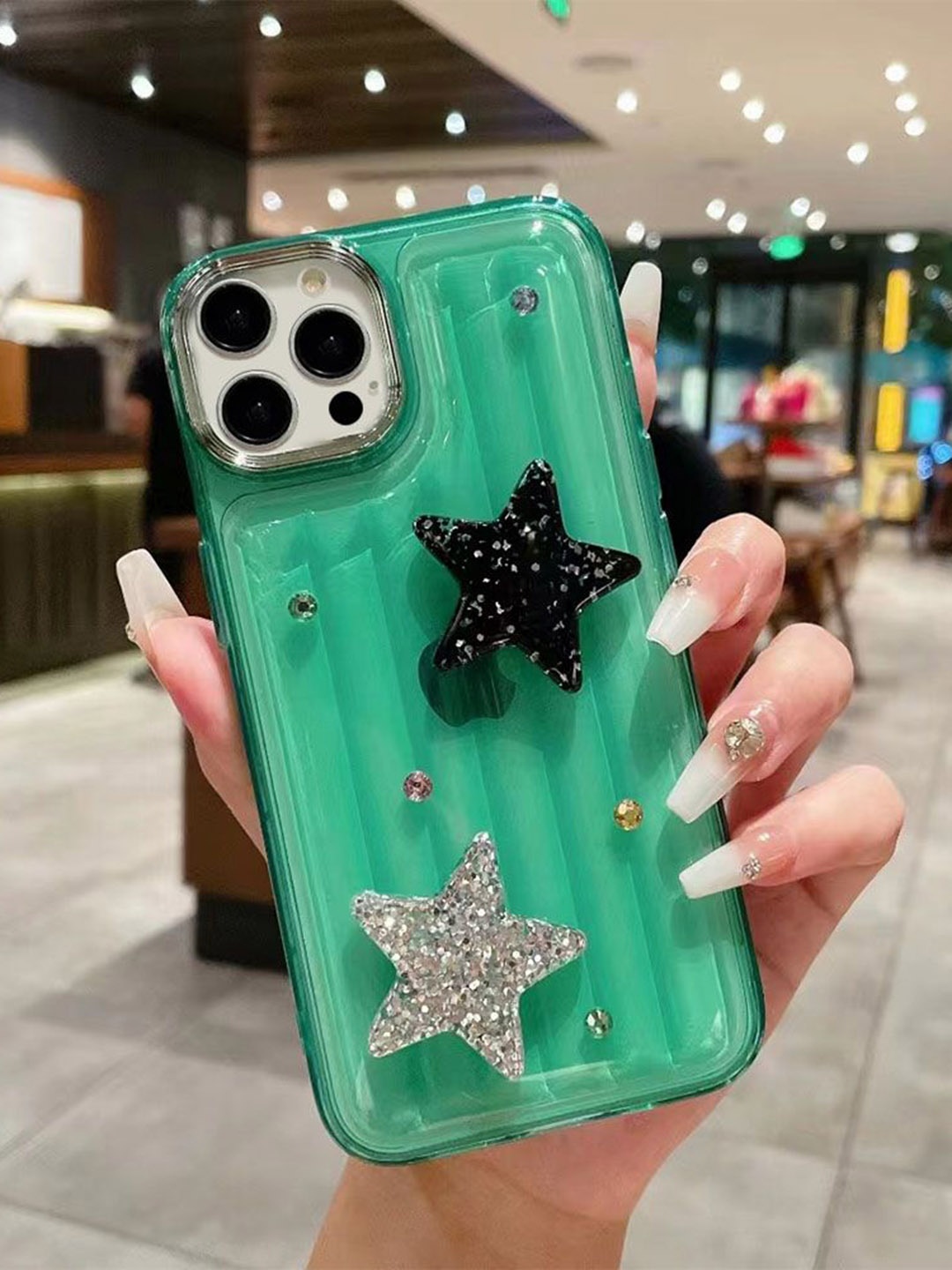 

Luxury Kase LK119 Geometric Printed iPhone 14 Pro Max Crystal Clear Bling Star Back Case, Green