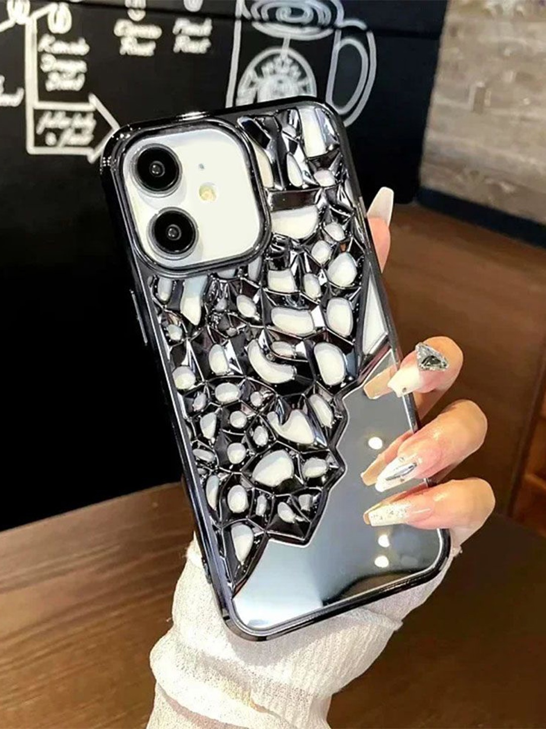 

Luxury Kase LK117 Solid Printed iPhone 12 Hollow Out Mirror Heat Back Case, Silver