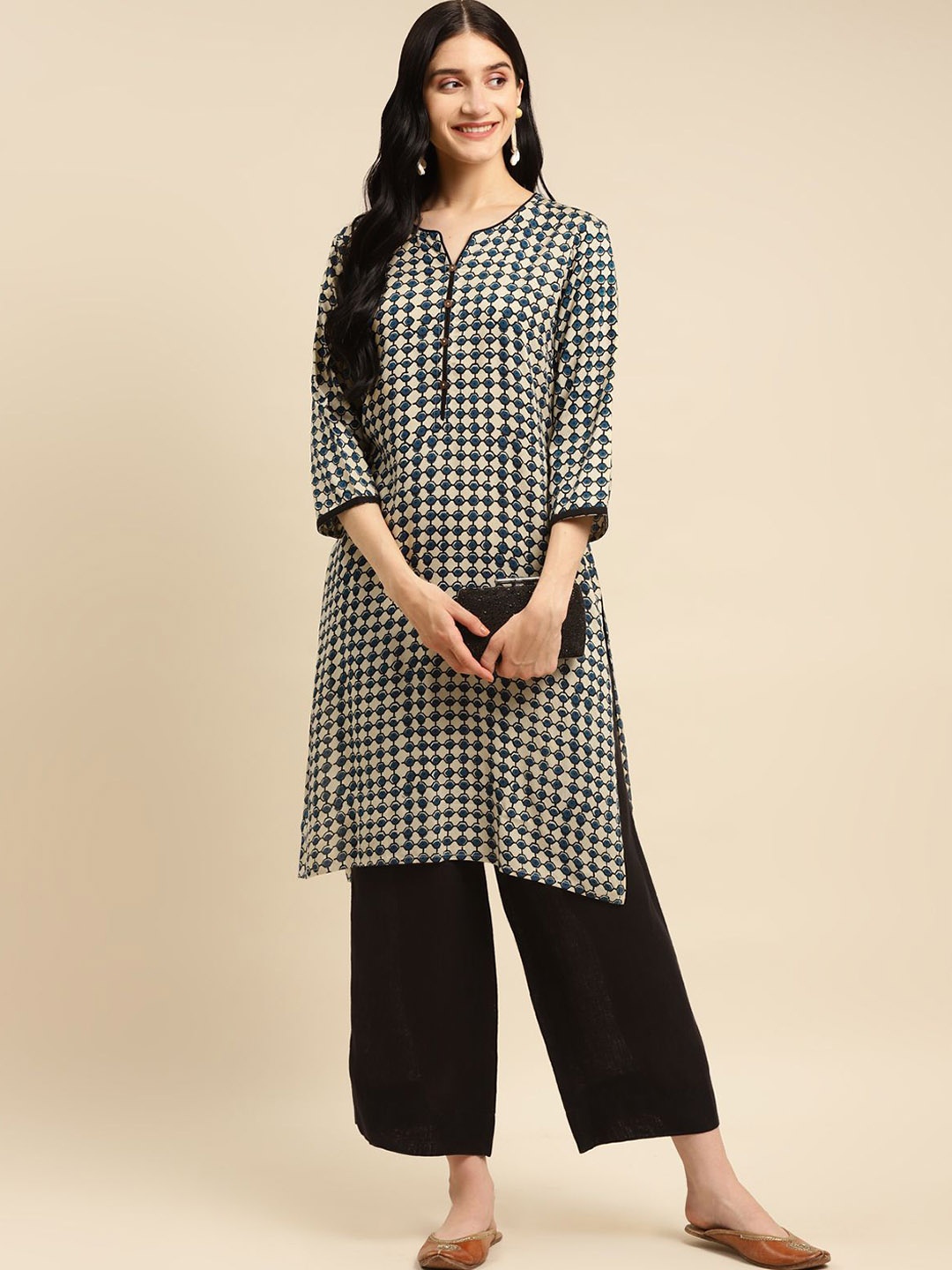 

Rangita Geometric Printed Notch Neck Bagru Block Printed Straight Kurta, Beige