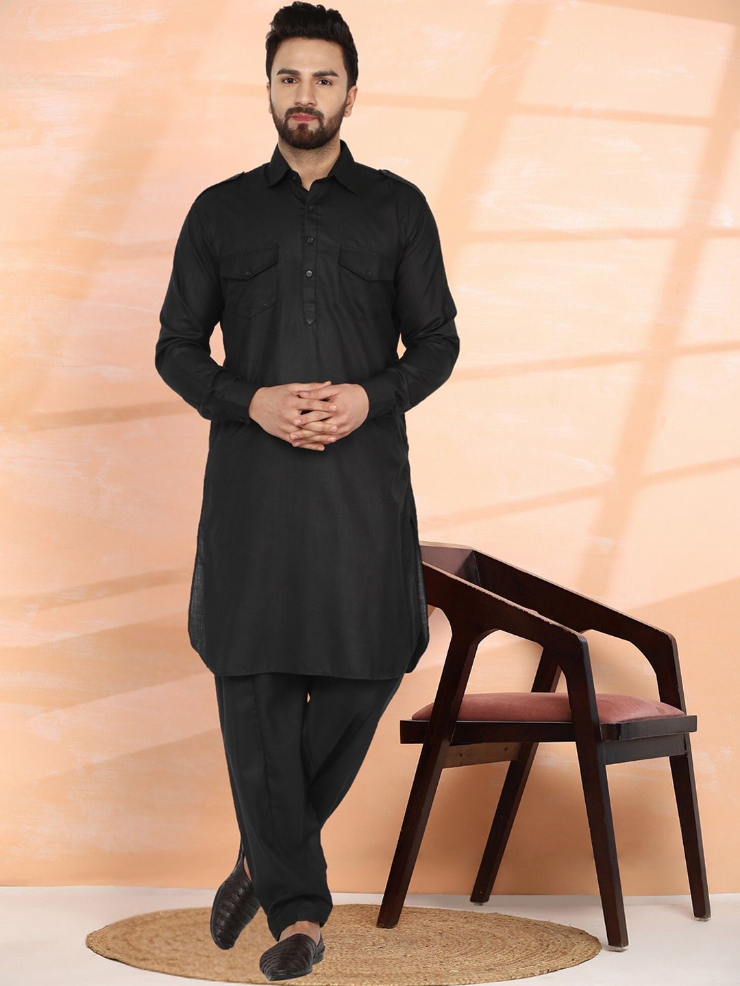 

Moda Rapido Shirt Collar Pure Cotton Pathani Kurta with Pyjama, Black