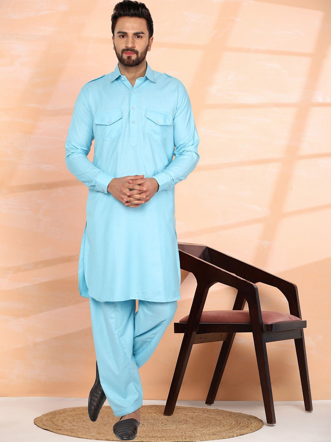 

Moda Rapido Shirt Collar Pure Cotton Pathani Kurta with Pyjama, Turquoise blue