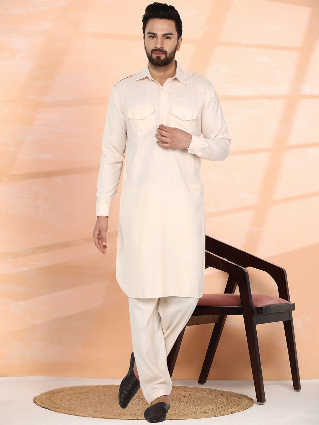 

Moda Rapido Shirt Collar Pure Cotton Pathani Kurta with Salwar, Beige