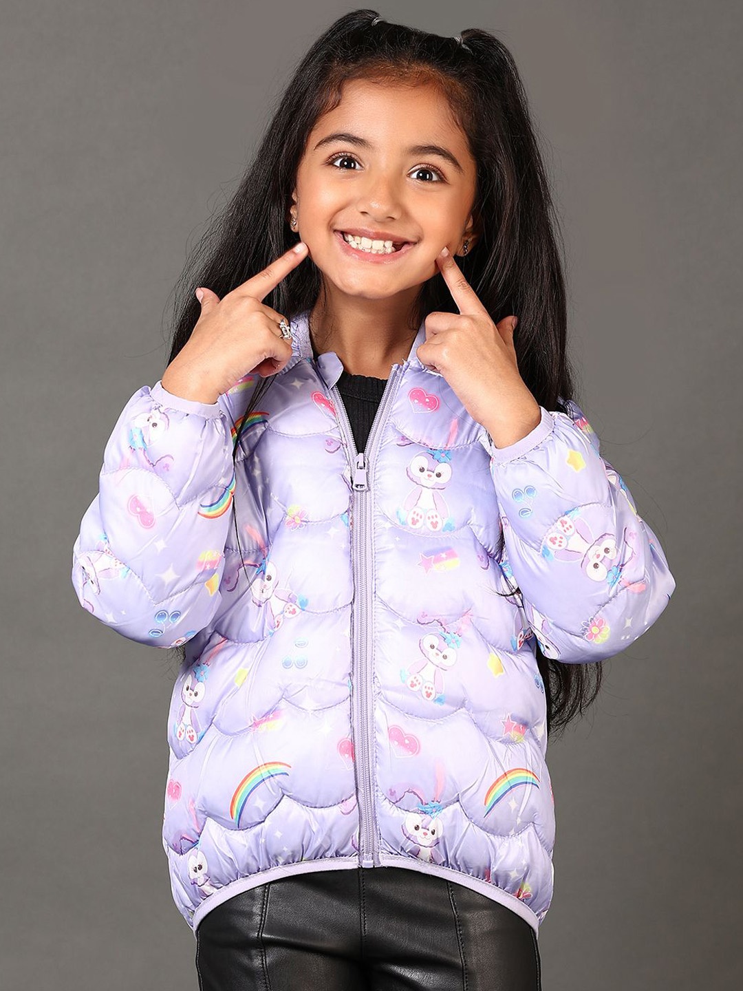 

V-Mart Girls Hooded Conversational Printed Cotton Casual Quilted Jacket, Lavender
