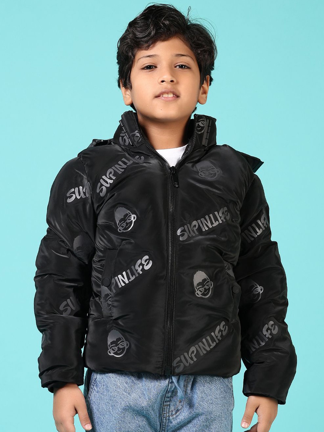 

V-Mart Boys Hooded Typography Printed Cotton Casual Puffer Jacket, Black