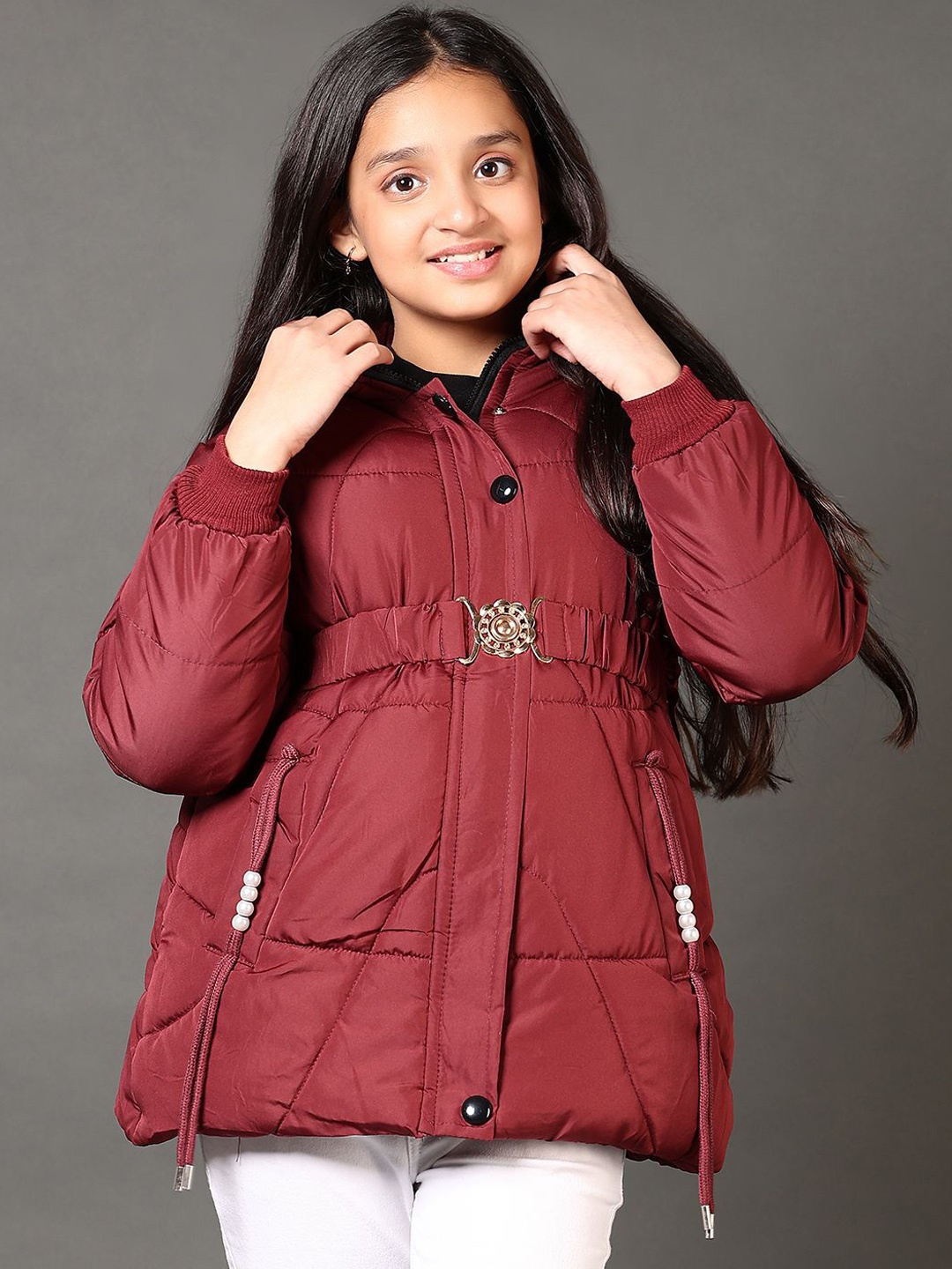 

V-Mart Girls Hooded Solid Cotton Casual Quilted Jacket, Maroon