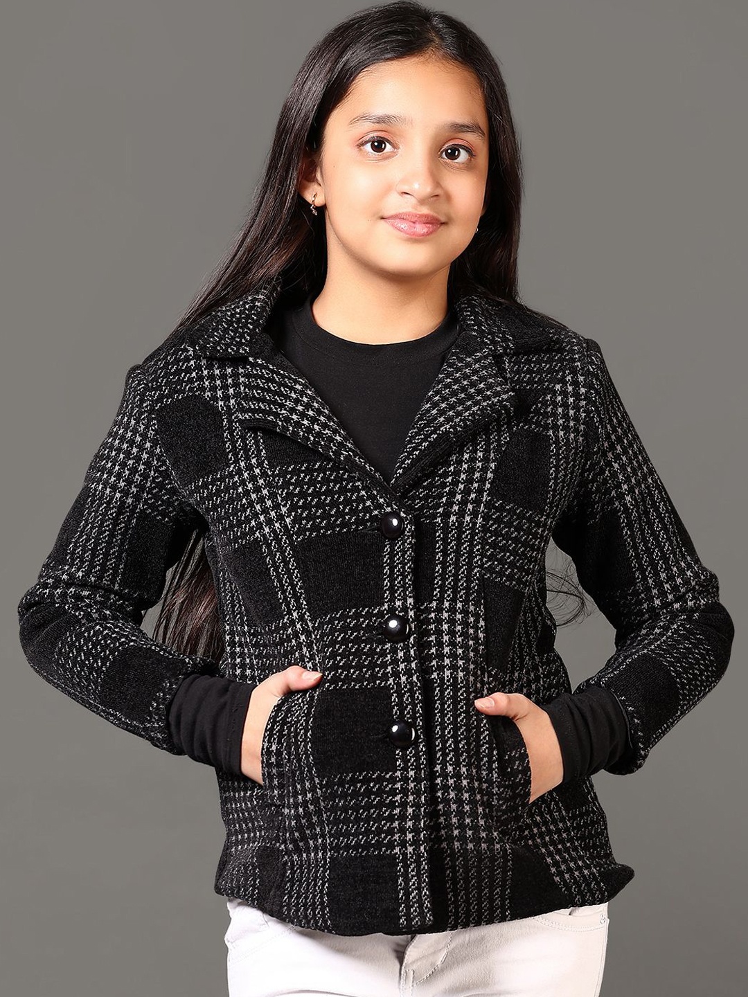 

V-Mart Girls Lapel Collar Checked Cotton Casual Tailored Jacket, Black