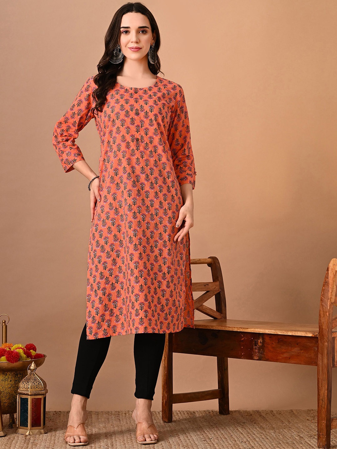 

RAJPUTANA CAMISA Floral Printed Round Neck Cotton Straight Kurta, Peach