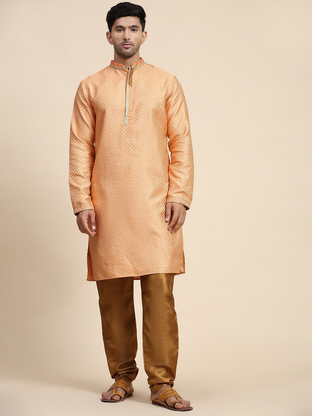 

Moda Rapido Woven Design Embroidered Band Collar Straight Kurta with Pyjamas, Orange