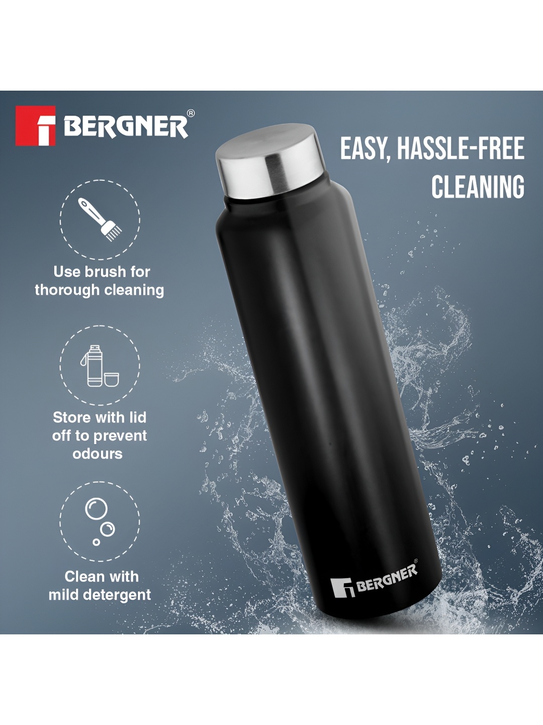 

BERGNER Walking Black & Silver-Toned 3 Pieces Stainless Steel Water Bottle 1L Each