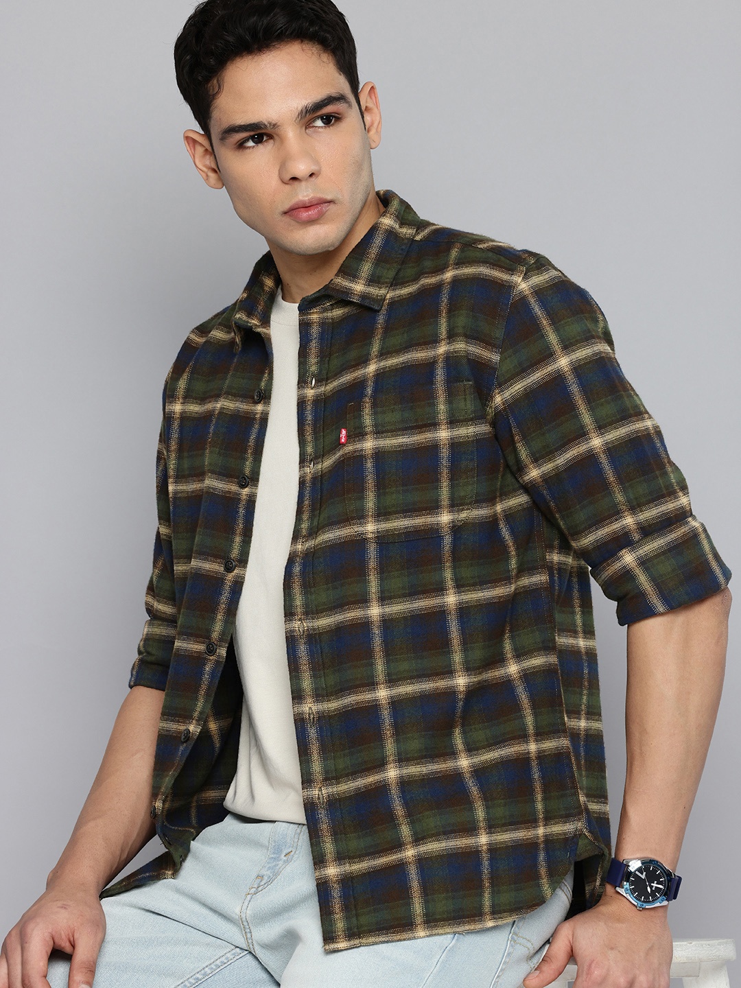 

Levis Pure Cotton Checked Flannel Relaxed Fit Casual Shirt, Olive