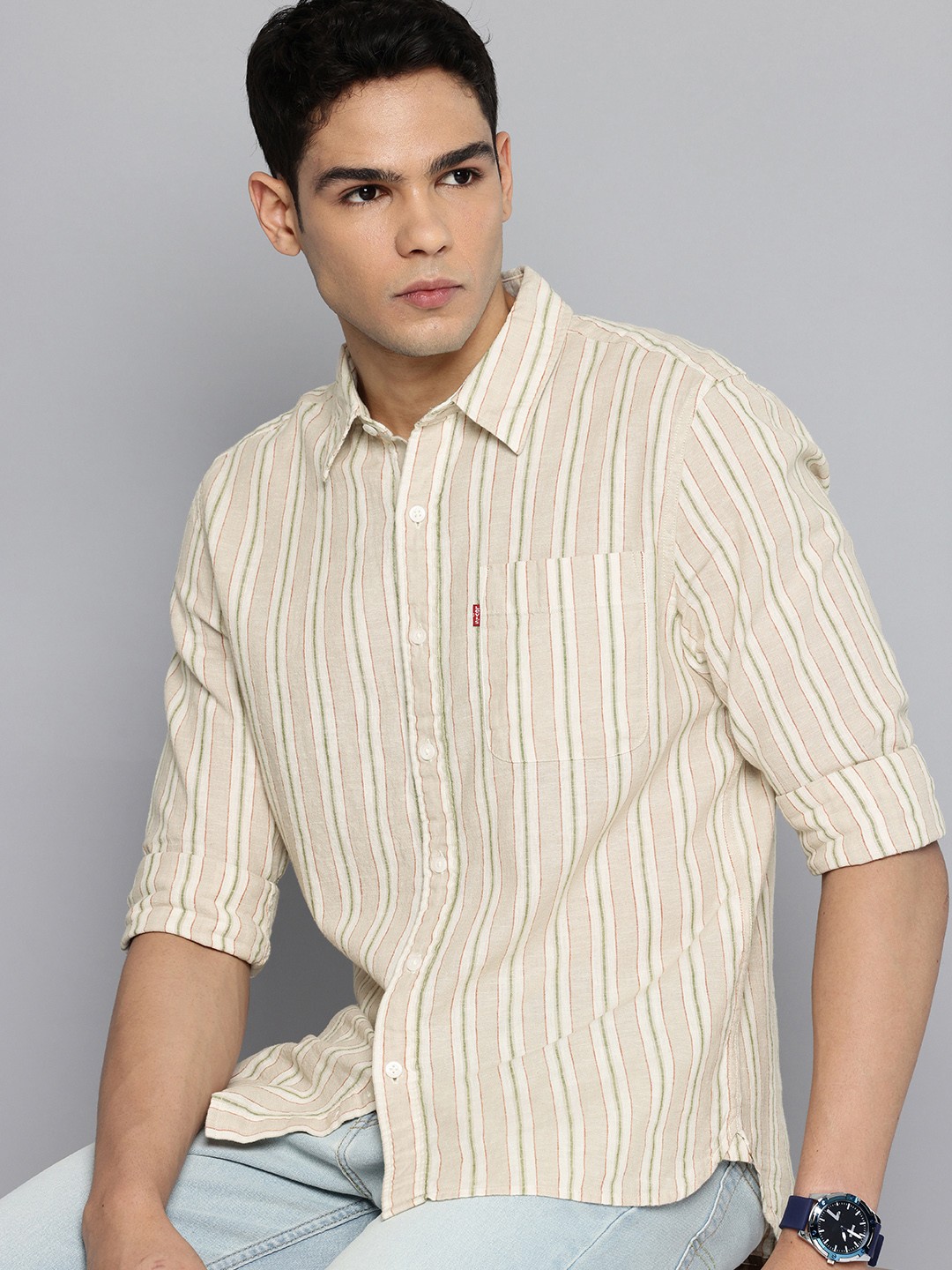 

Levis Linen-Cotton Slim Fit Striped Casual Shirt, Beige