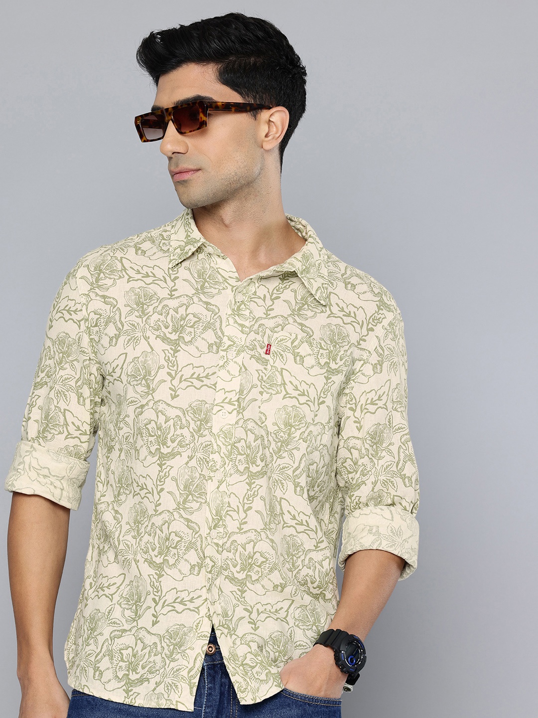 

Levis Slim Fit Floral Printed Linen Cotton Casual Shirt, Cream