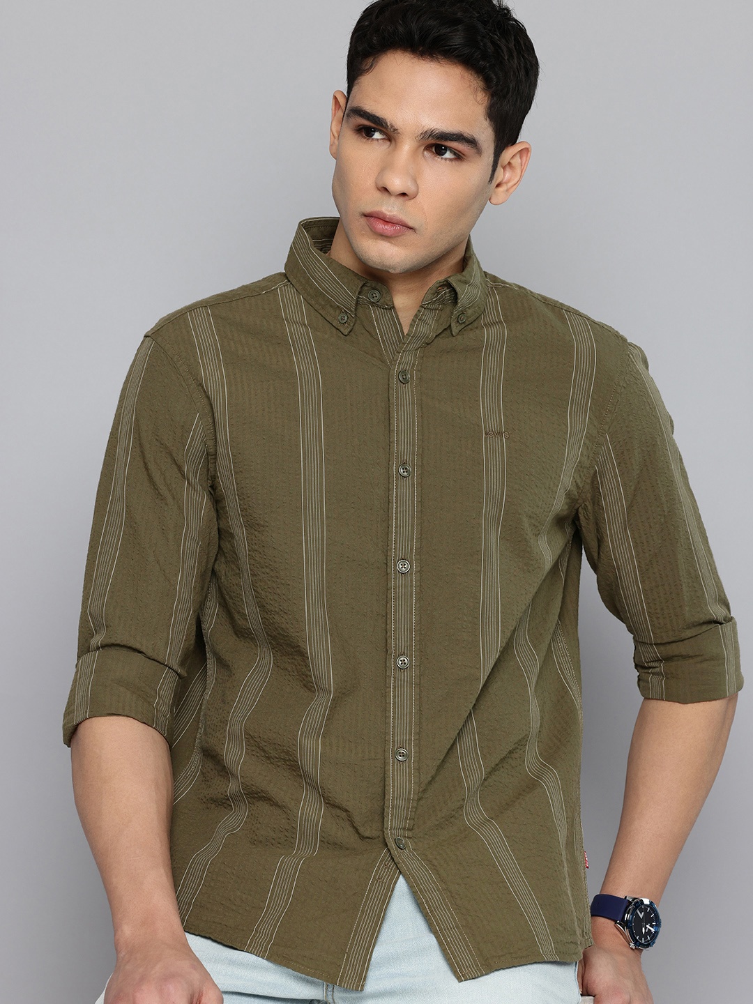 

Levis Pure Cotton Slim Fit Opaque Striped Casual Shirt, Olive