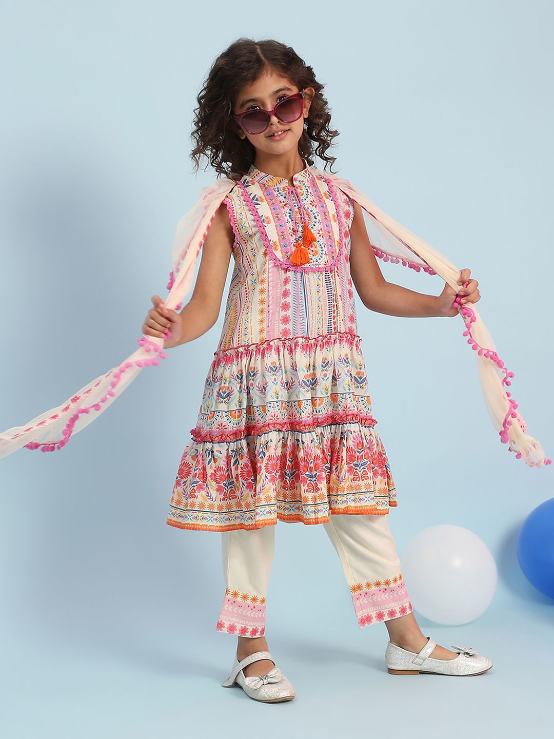 

Biba Girls Floral Printed Pure Cotton A-Line Kurta with Trousers, White