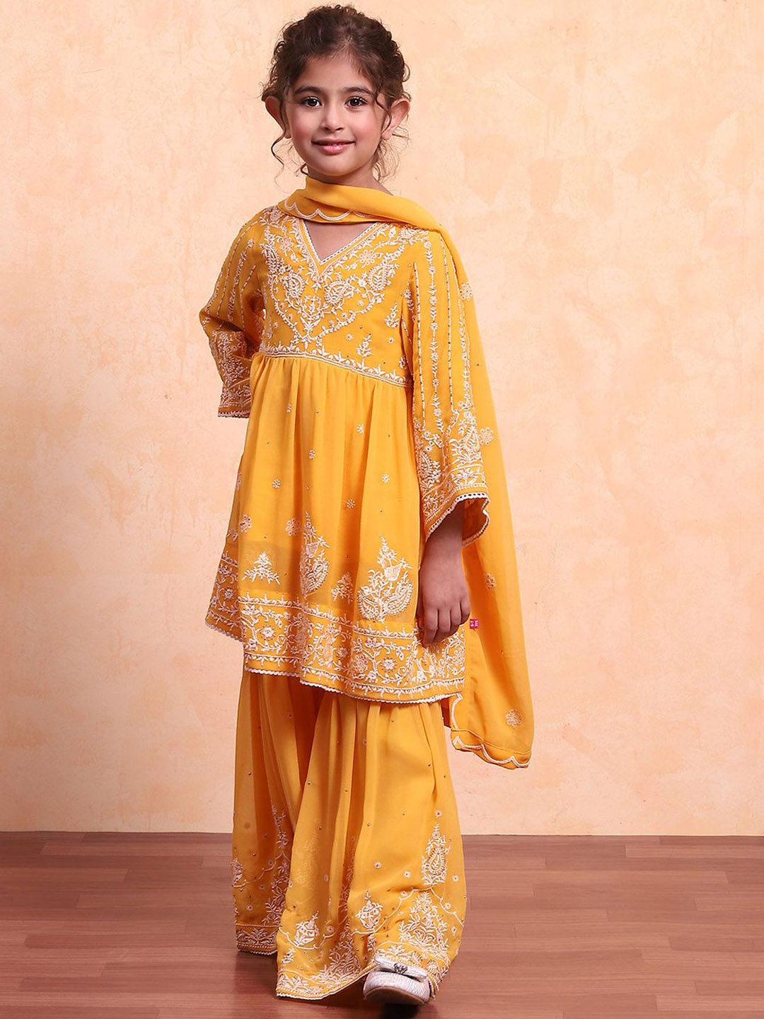 

Biba Girls Floral Embroidered Sequinned A-Line Kurta with Palazzos & Dupatta, Yellow