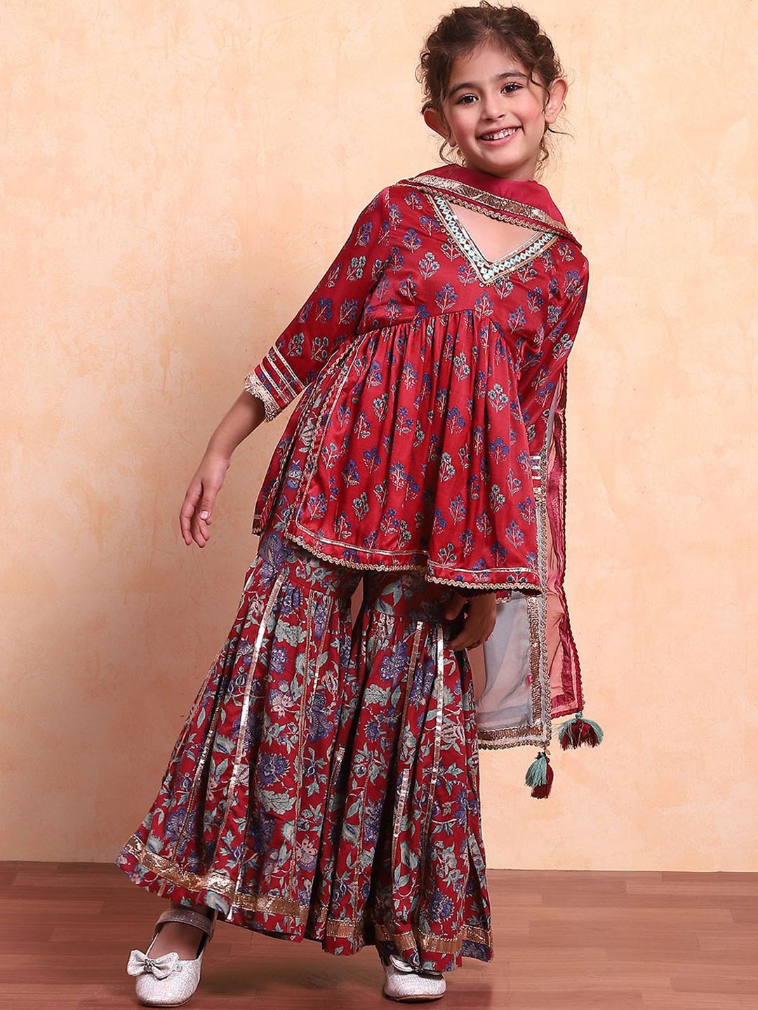 

Biba Girls Floral Printed Mirror Work A-Line Kurti with Sharara & With Dupatta, Red