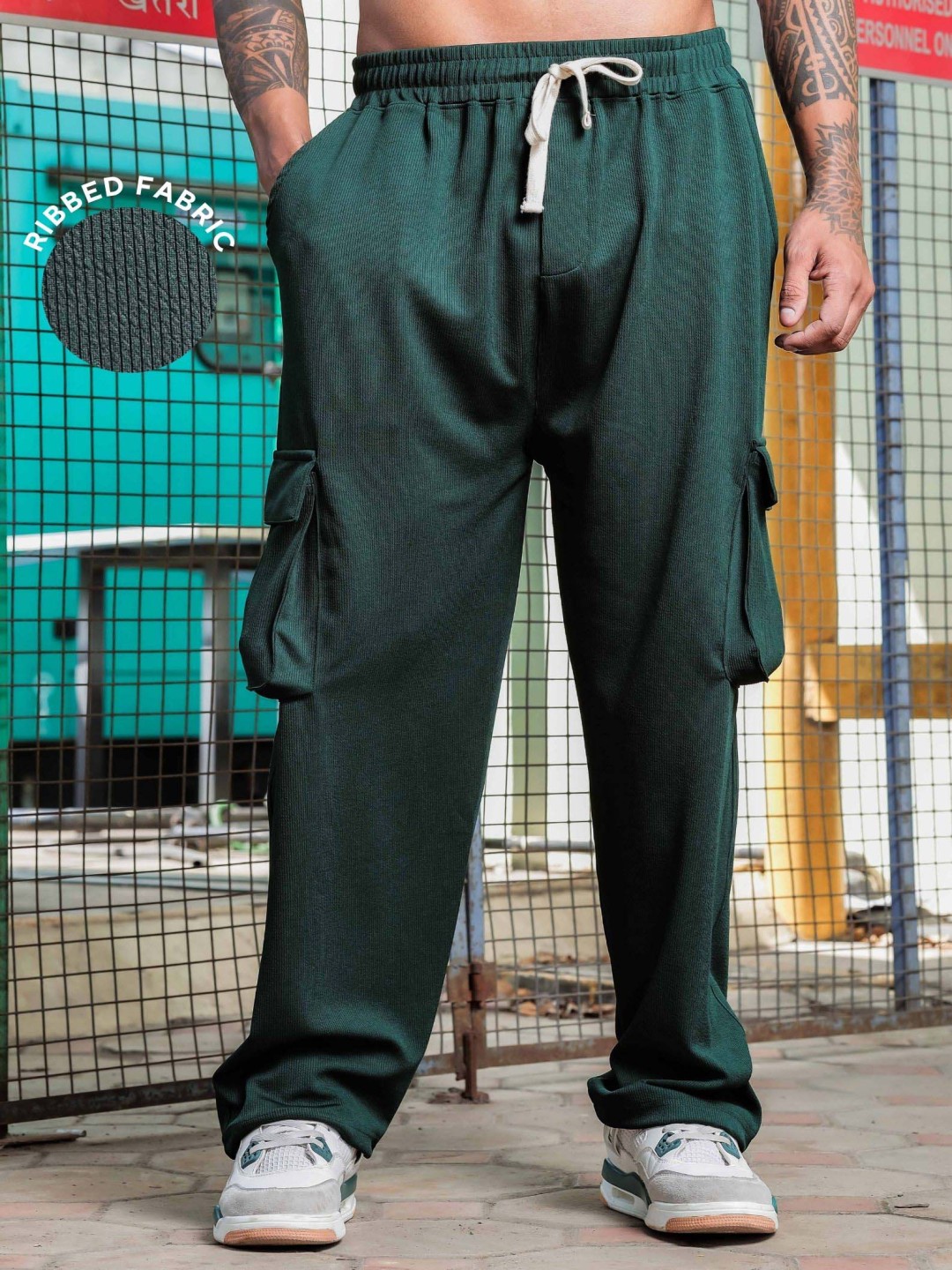 

House of Koala Unisex Baggy Fit Ribbed Cargo Track Pants, Green
