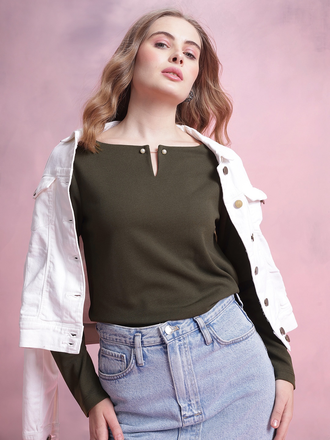 

DressBerry Solid Top with Bead Brooch, Olive