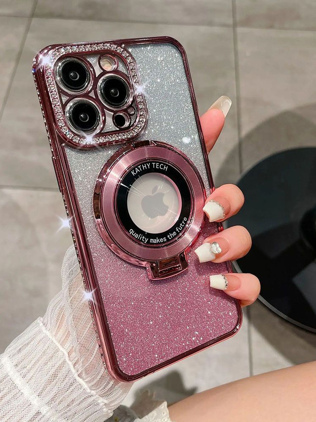 

Luxury Kase LK111 Glitter Diamond Bracket Magnetic Holder iPhone 12 Pro Max Back Case, Silver