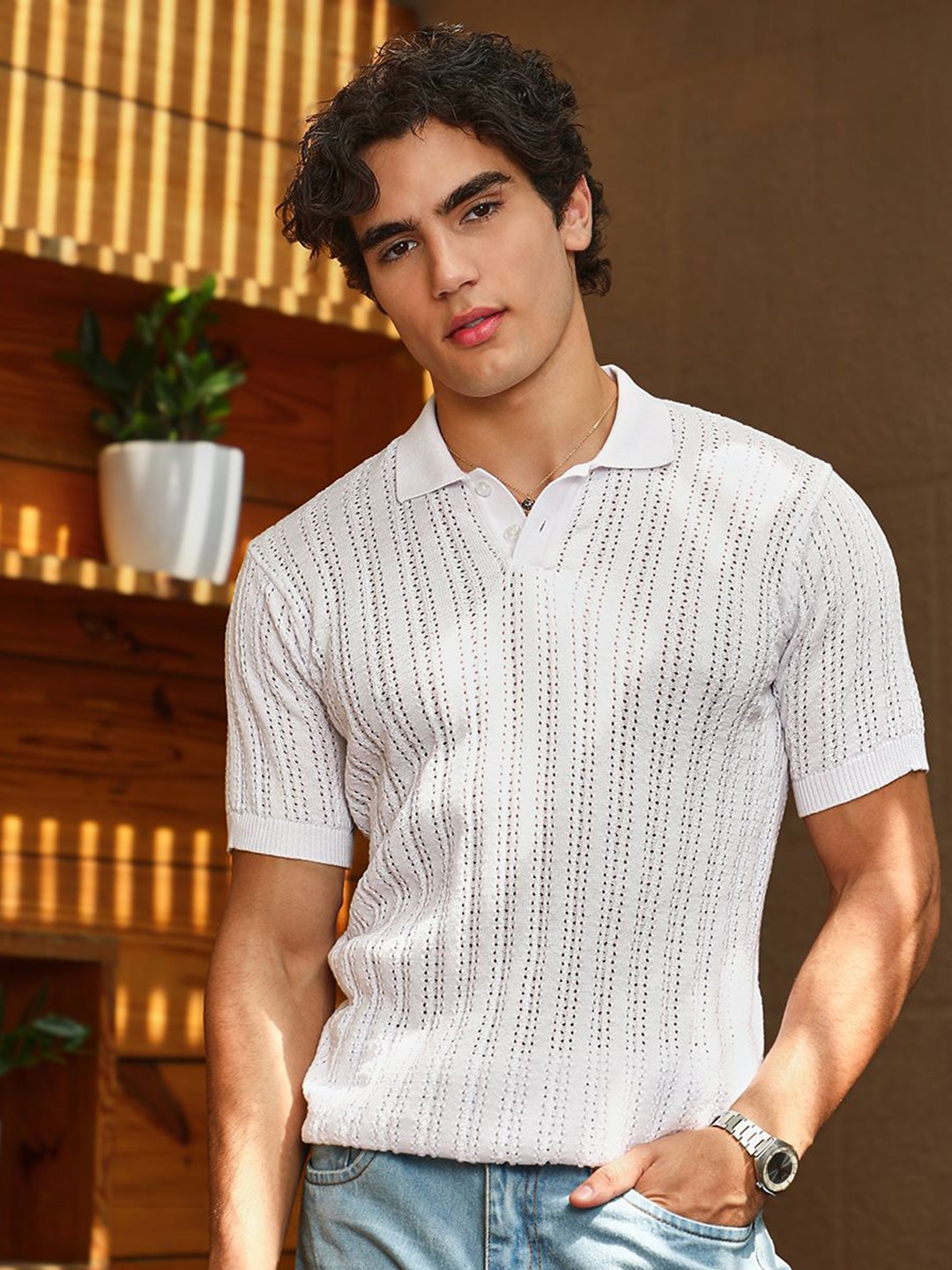 

Campus Sutra Men Self Design Polo Collar Cotton T-shirt, White