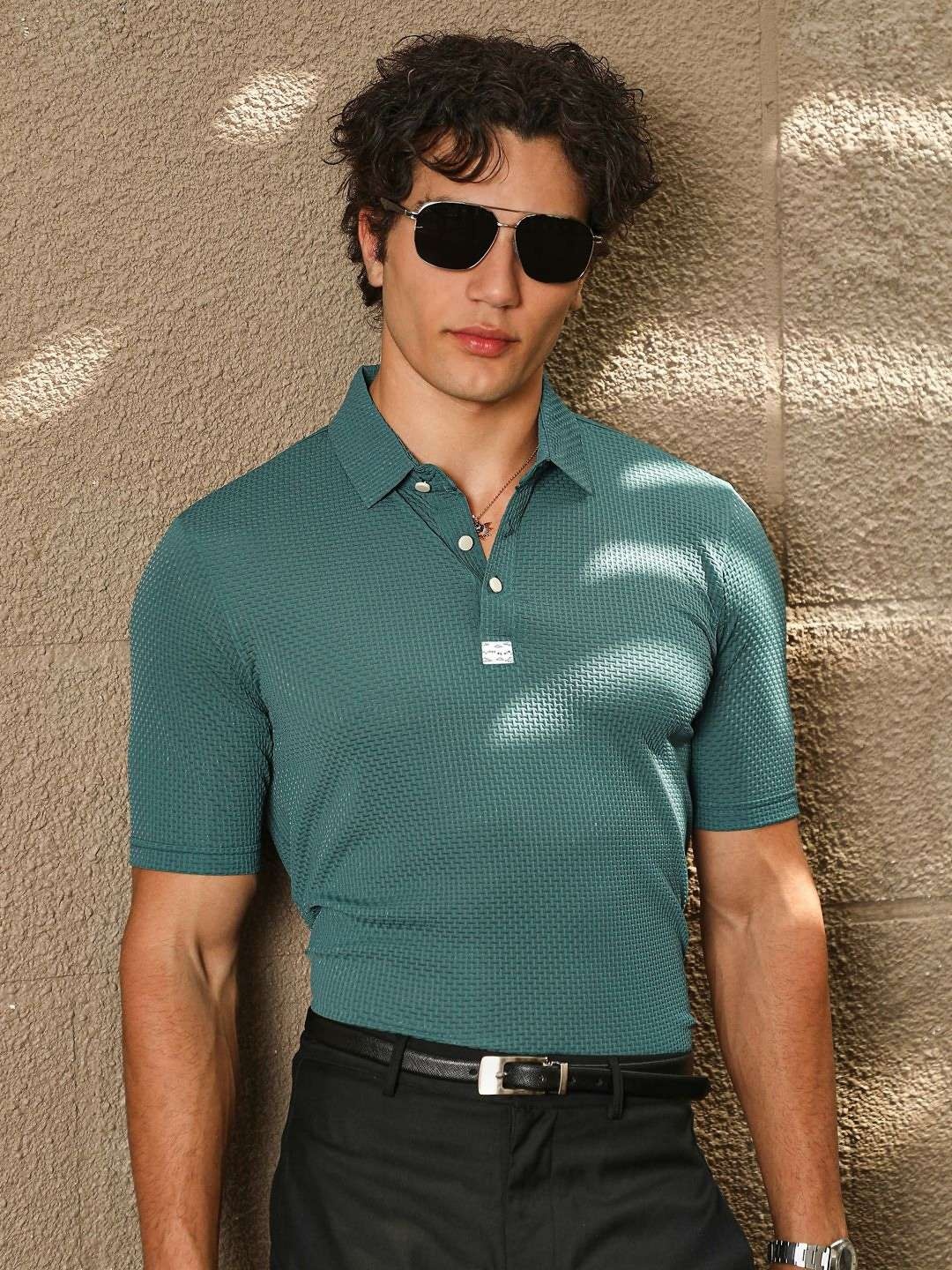 

Campus Sutra Men Self Design Polo Collar T-shirt, Teal