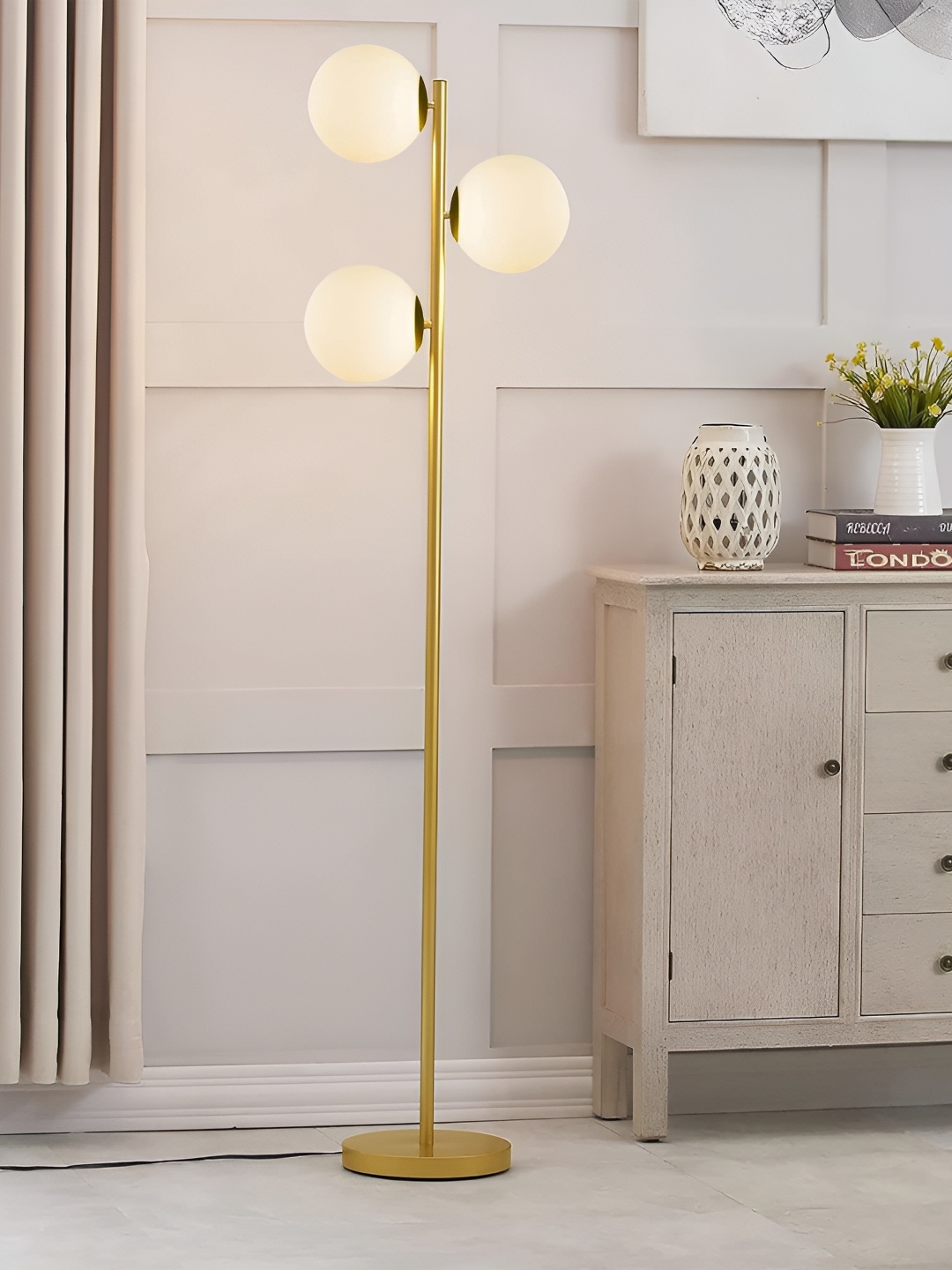 

Homesake Yellow & Beige 3 Frosted Glass Globe Spherical Shaped Floor Lamp, Gold