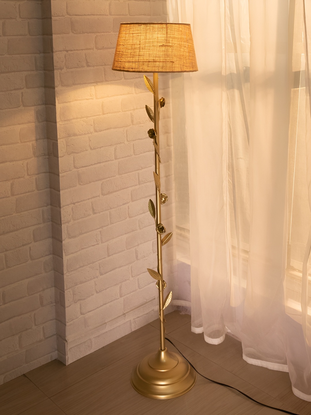 

Homesake Brown & Yellow Floral Frustum Shaped Wooden Floor Lamp, Gold