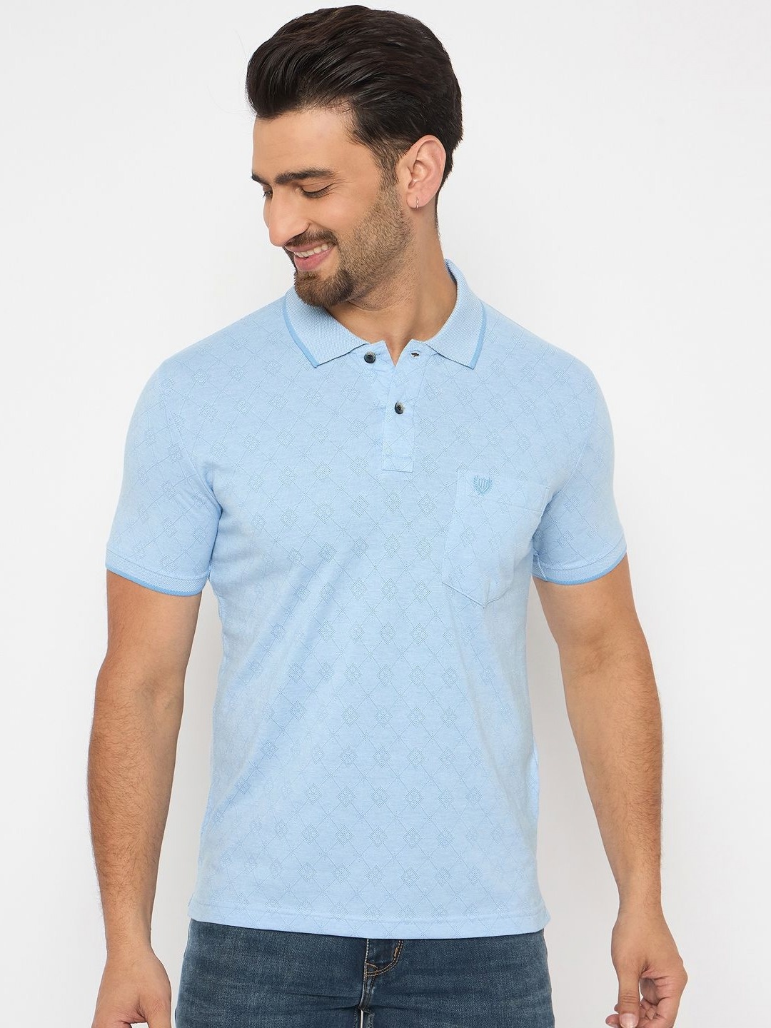 

Duke Men Geometric Printed Polo Collar Cotton T-shirt, Blue
