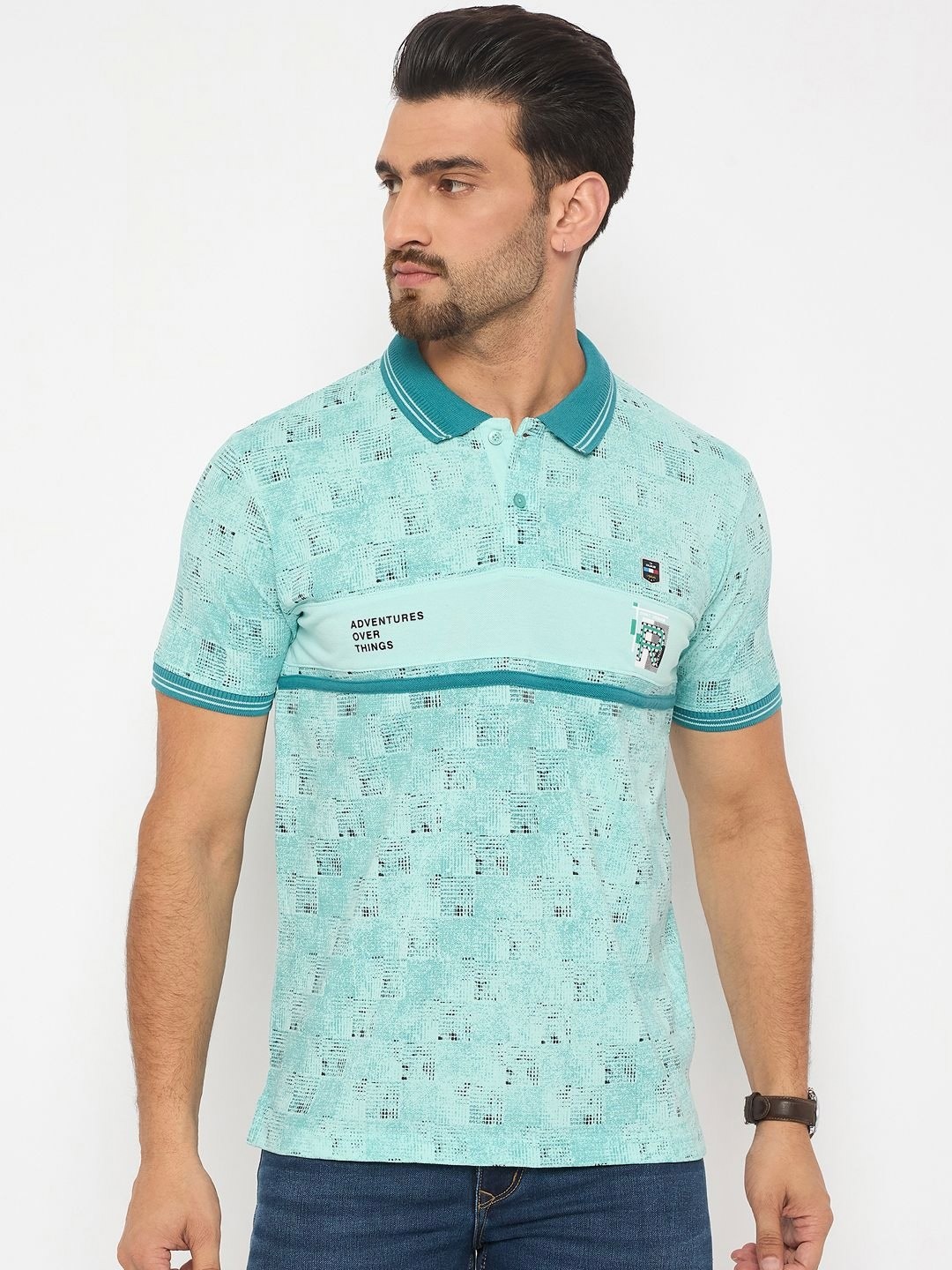 

Duke Men Abstract Printed Polo Collar Cotton Slim Fit T-shirt, Sea green