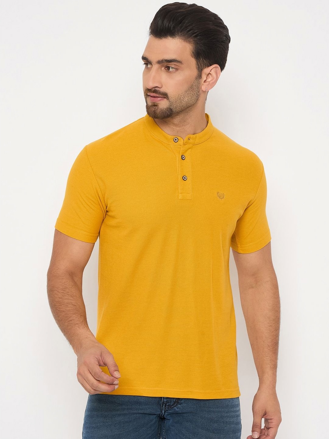 

Duke Men Solid Mandarin Collar Cotton Slim Fit T-shirt, Mustard