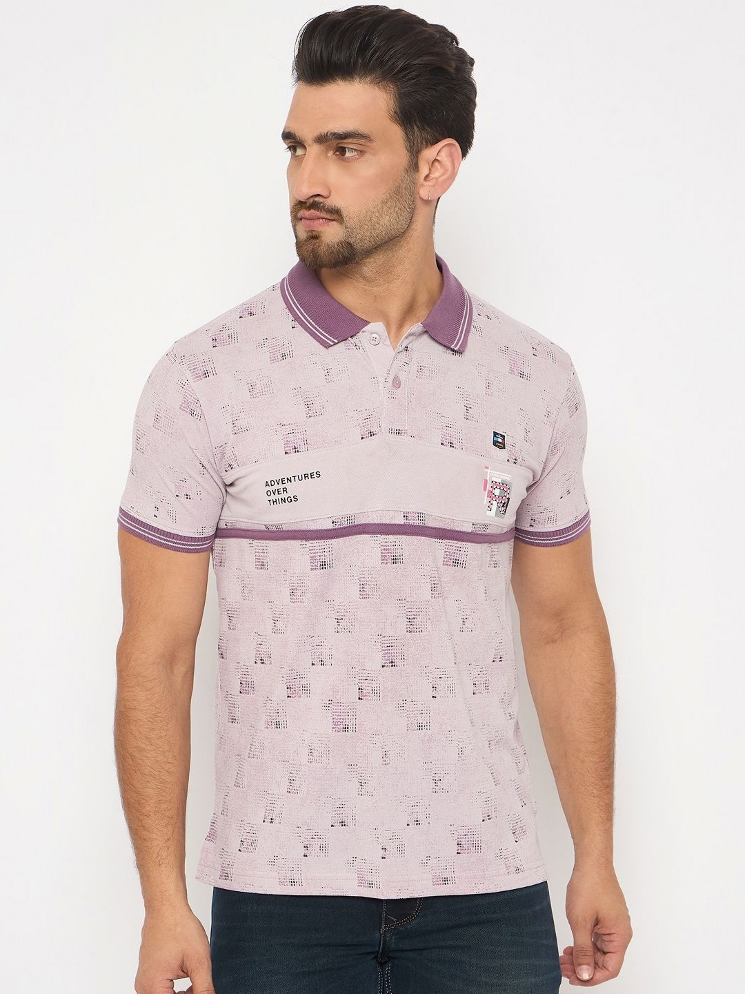 

Duke Men Abstract Printed Polo Collar Cotton Slim Fit T-shirt, Pink