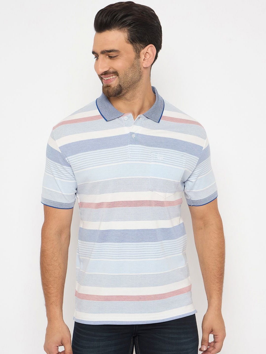 

Duke Men Striped Polo Collar Cotton T-shirt, White