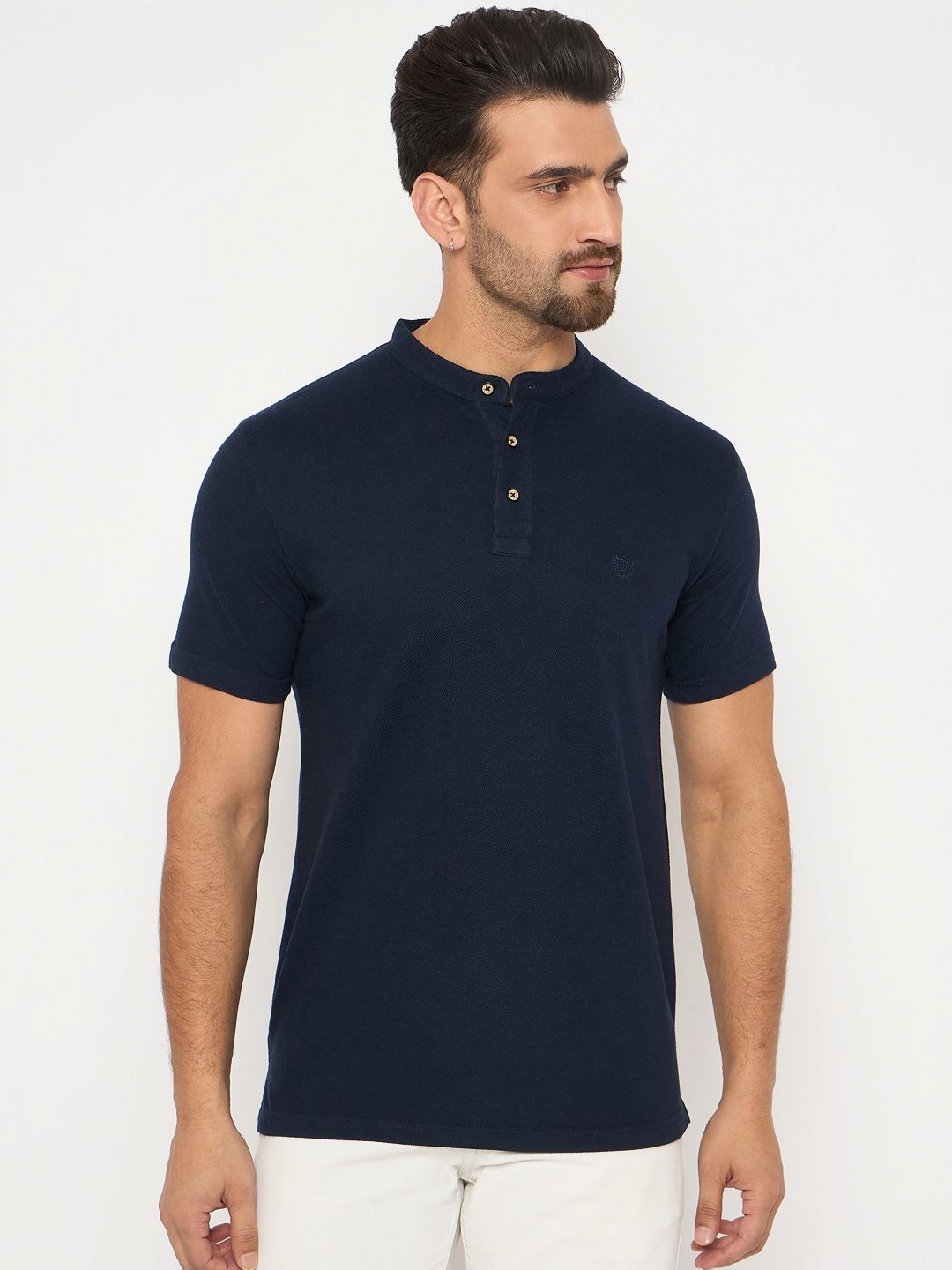 

Duke Men Solid Mandarin Collar Cotton Slim Fit T-shirt, Navy blue